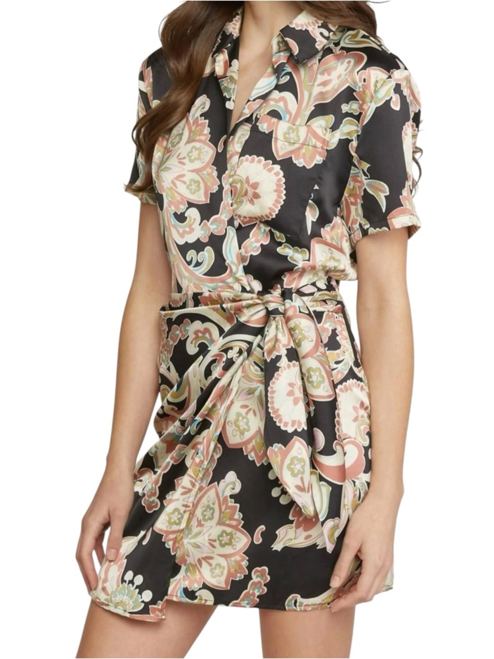 entro Black Floral Paisley Short-Sleeve Wrap Dress